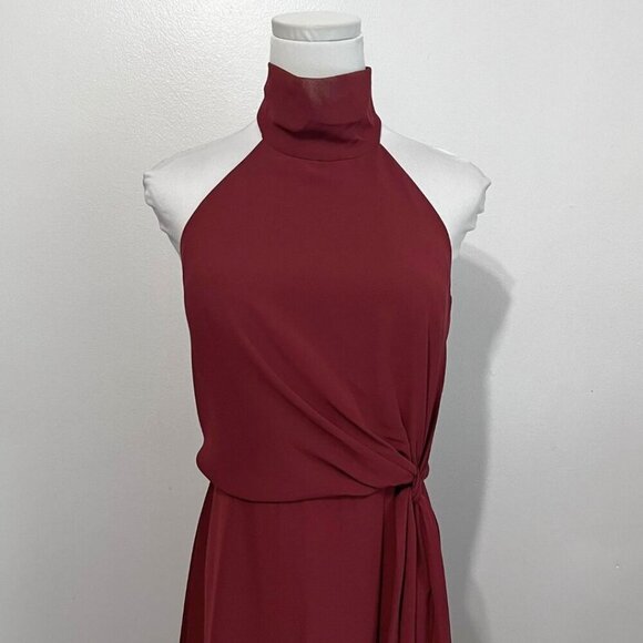 NWOT JENNY YOO COLLECTION BURGUNDY HALTER CHIFFON FRONT TIE FORMAL DRESS - 4 - Picture 4 of 14